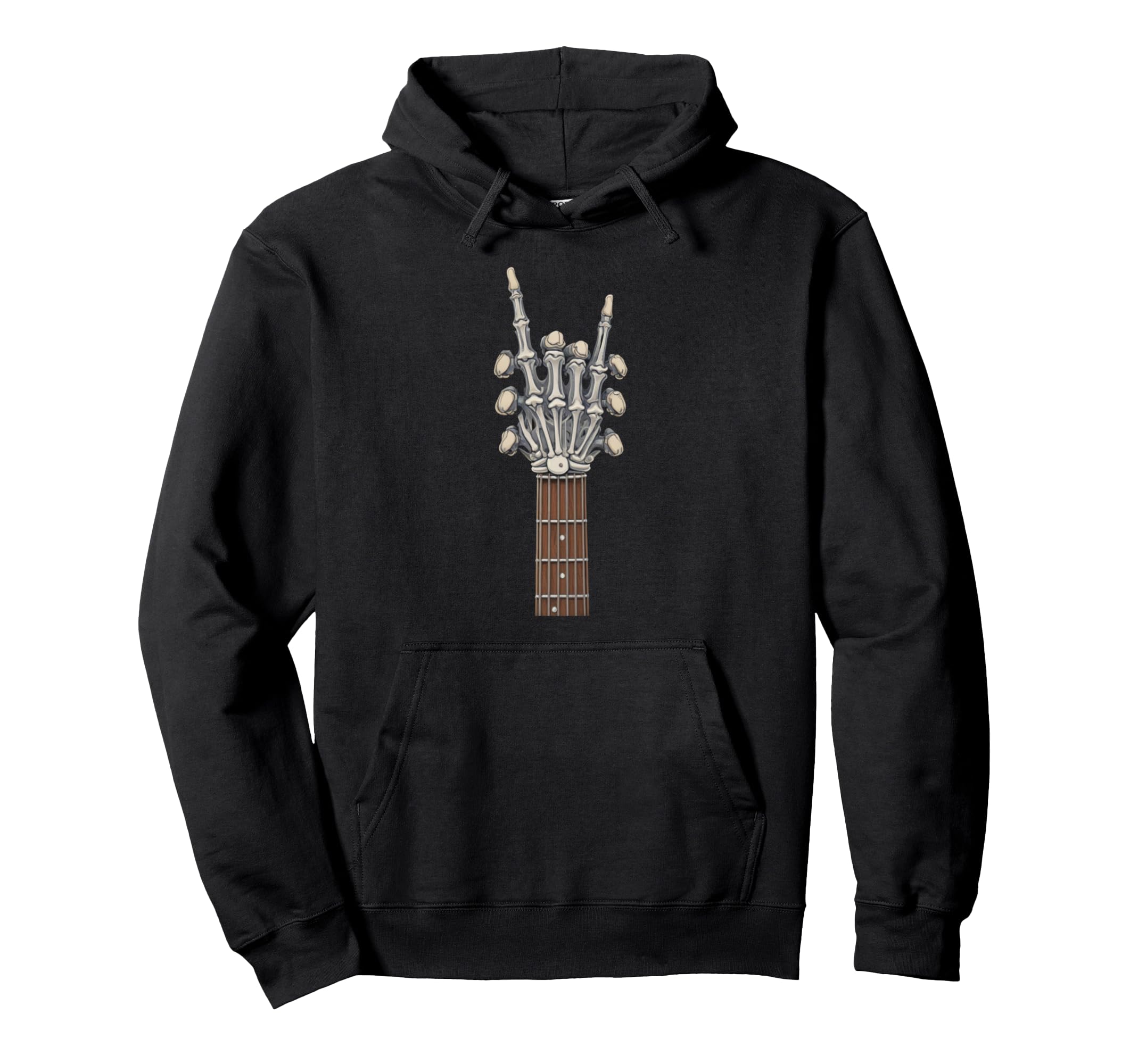 Rock Guitar Neck Skeleton Hand Sign Rock Roll Hoodie - Graphic Print Unisex - T-Shirt, Sweatshirt, Hoodie