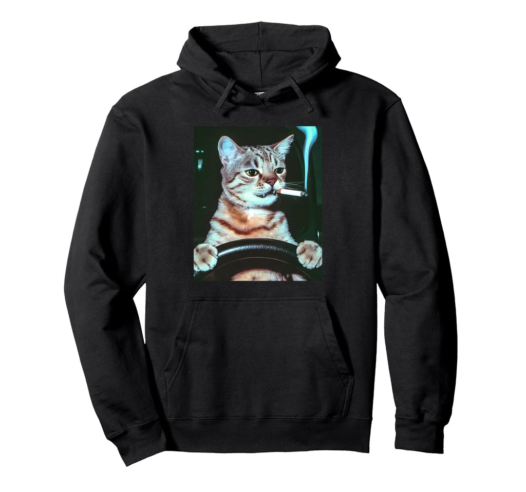 Cat Smoking Driving Grunge Kitty Edgy Hoodie - Minimalist Print Men Women - T-Shirt, Sweatshirt, Hoodie