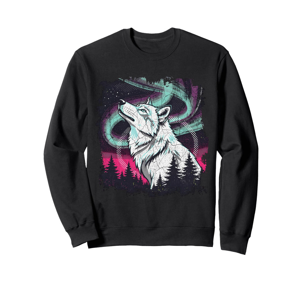 Howling Wolf Aurora 90S Grunge Sweatshirt - Fun Novelty Design Unisex - T-Shirt, Sweatshirt, Hoodie