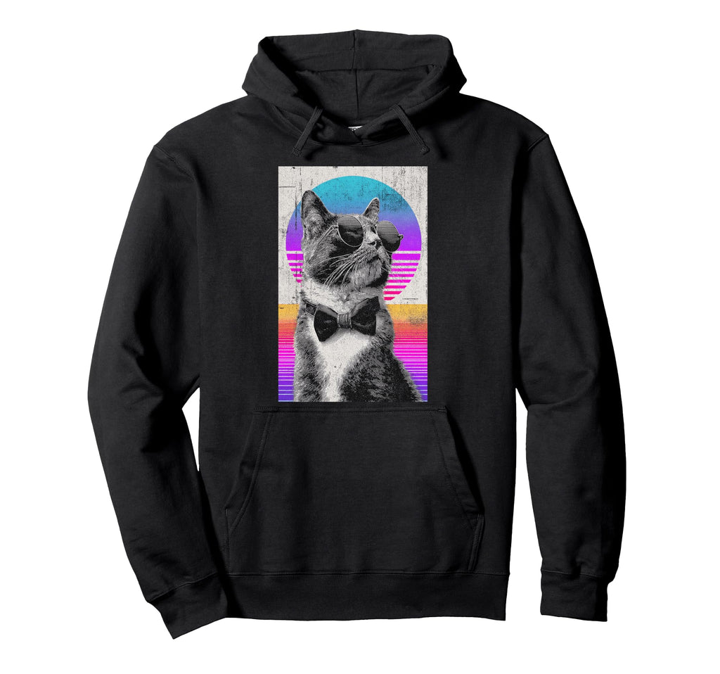 Funny Cat Bow Tie 80S Synthwave Hoodie - Aesthetic Graphic for Adults - T-Shirt, Sweatshirt, Hoodie