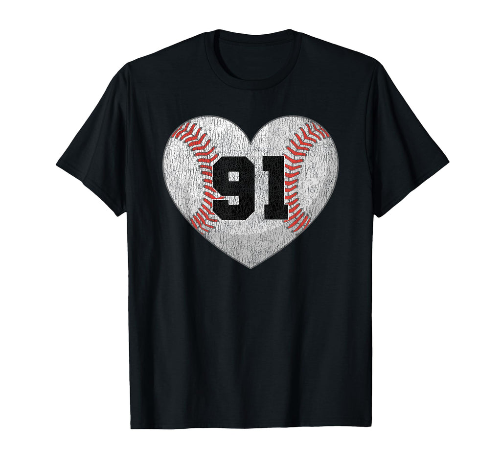 Baseball Number 91 Distressed Heart T-Shirt - Trendy Graphic for Adults - T-Shirt, Sweatshirt, Hoodie