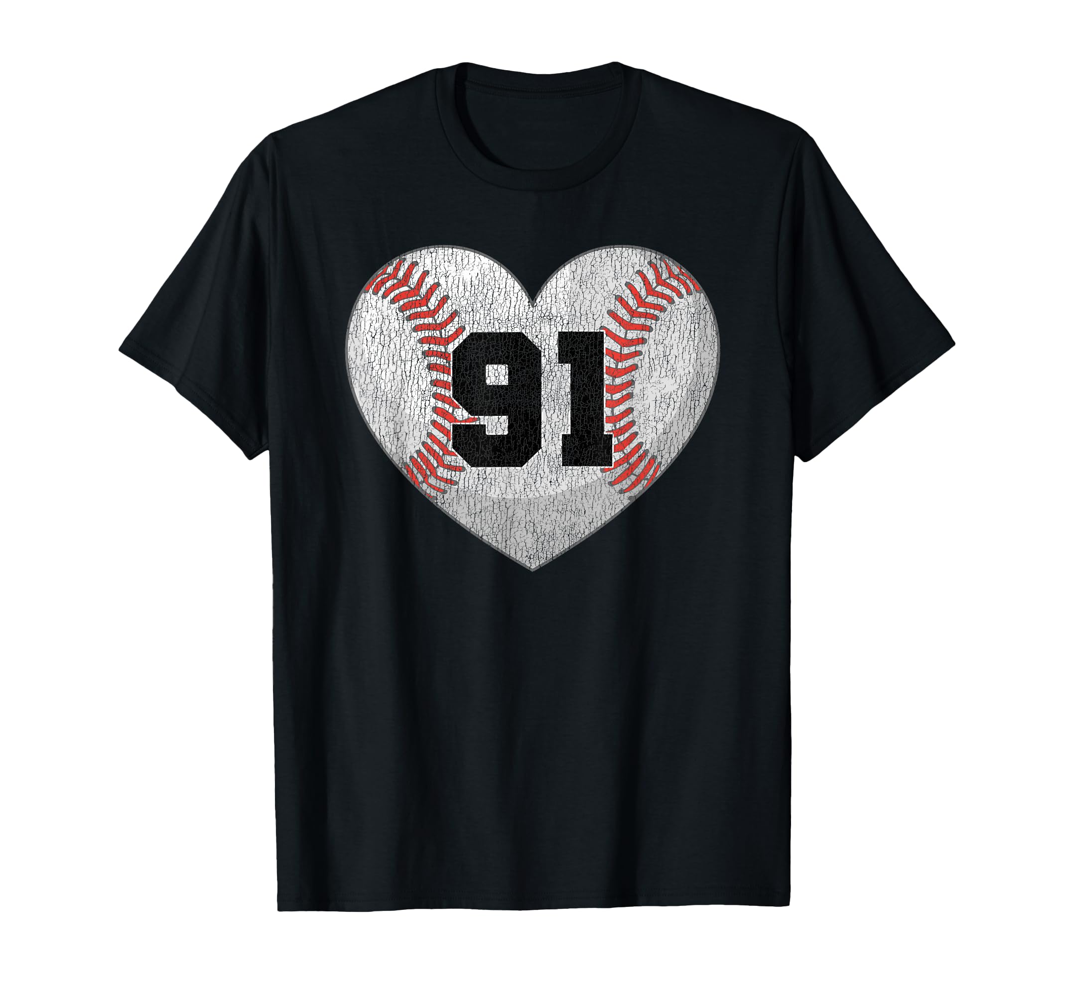 Baseball Number 91 Distressed Heart T-Shirt - Trendy Graphic for Adults - T-Shirt, Sweatshirt, Hoodie