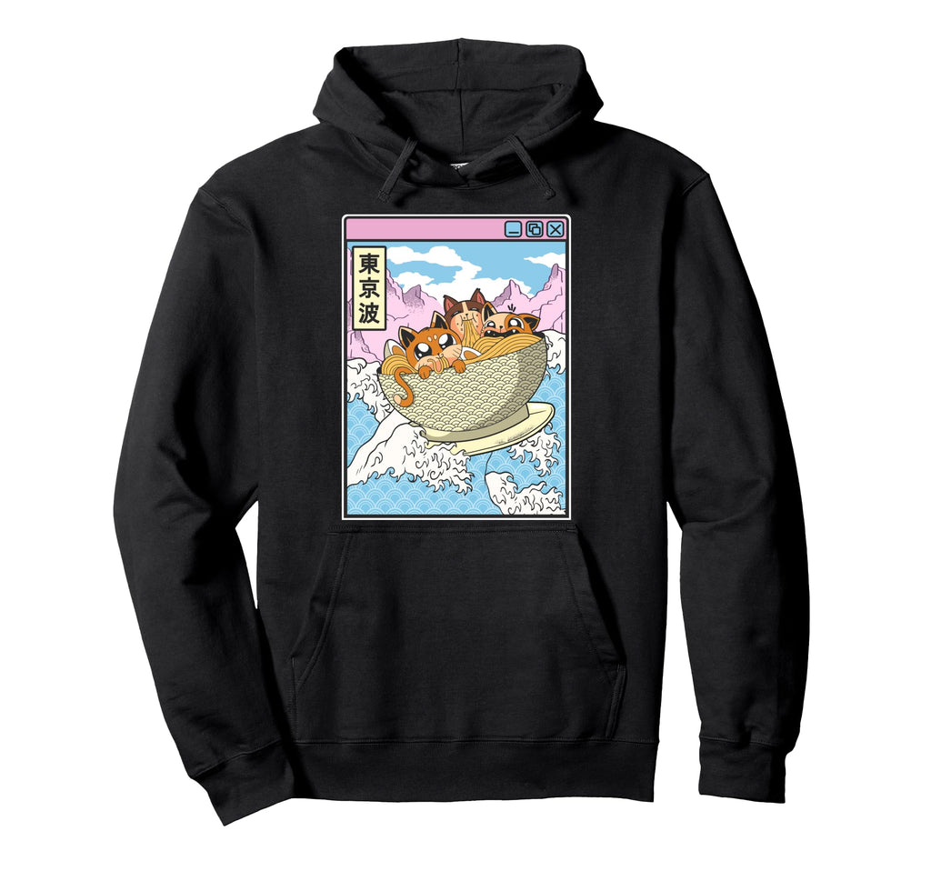 Surfing Cats Eating Ramen Bowl Japanese Hoodie - Graphic Print for Adults - T-Shirt, Sweatshirt, Hoodie