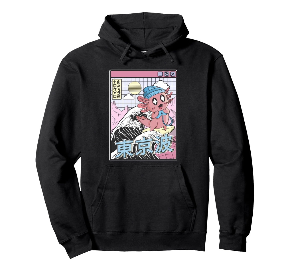 Gaming Axolotl Surfing Kanagawa Wave Hoodie - Minimalist Print Men Women - T-Shirt, Sweatshirt, Hoodie