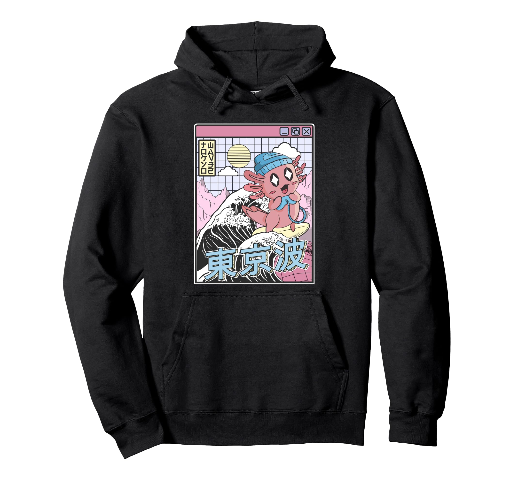 Gaming Axolotl Surfing Kanagawa Wave Hoodie - Minimalist Print Men Women - T-Shirt, Sweatshirt, Hoodie