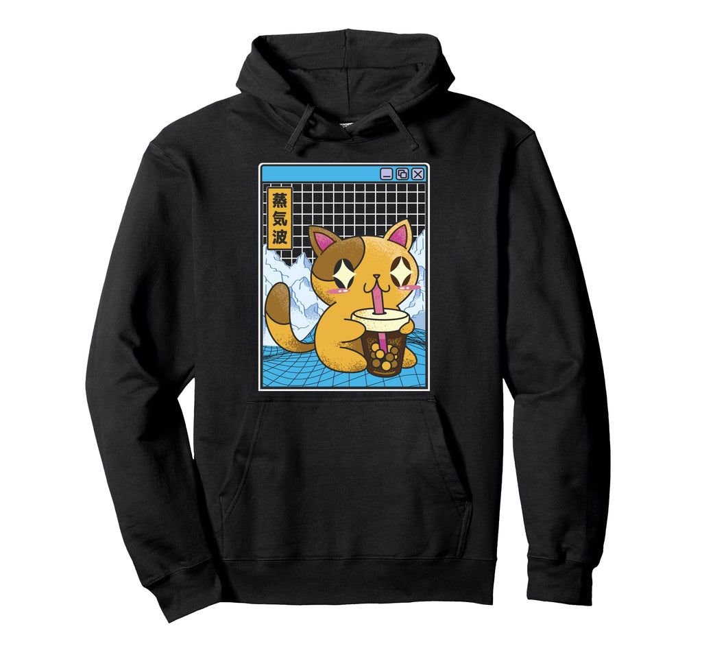 Cat Drinking Bubble Tea Kawaii Vaporwave Hoodie - Trendy Graphic Men Women - T-Shirt, Sweatshirt, Hoodie