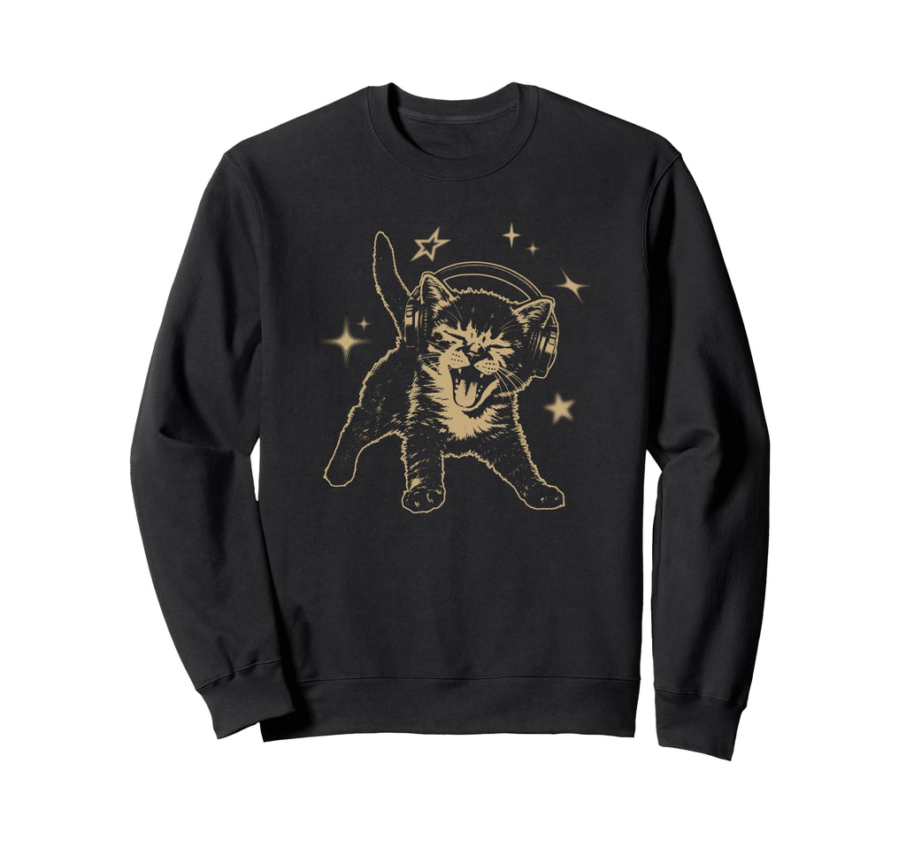 Cat Headphones Stars Grunge 90S Sweatshirt - Aesthetic Graphic for Adults - T-Shirt, Sweatshirt, Hoodie