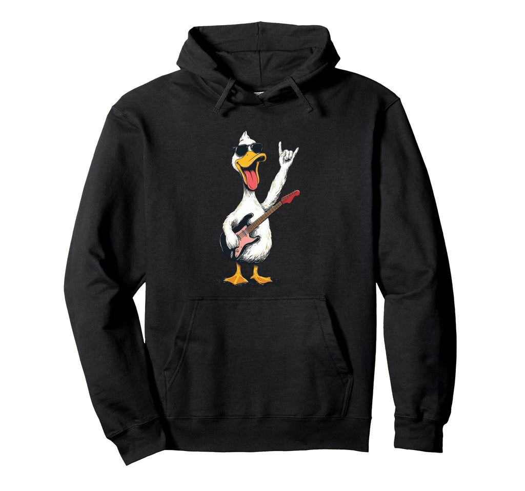 Funny Rock Duck Cartoon Guitar Player Hoodie - Fun Novelty Design Men Women - T-Shirt, Sweatshirt, Hoodie
