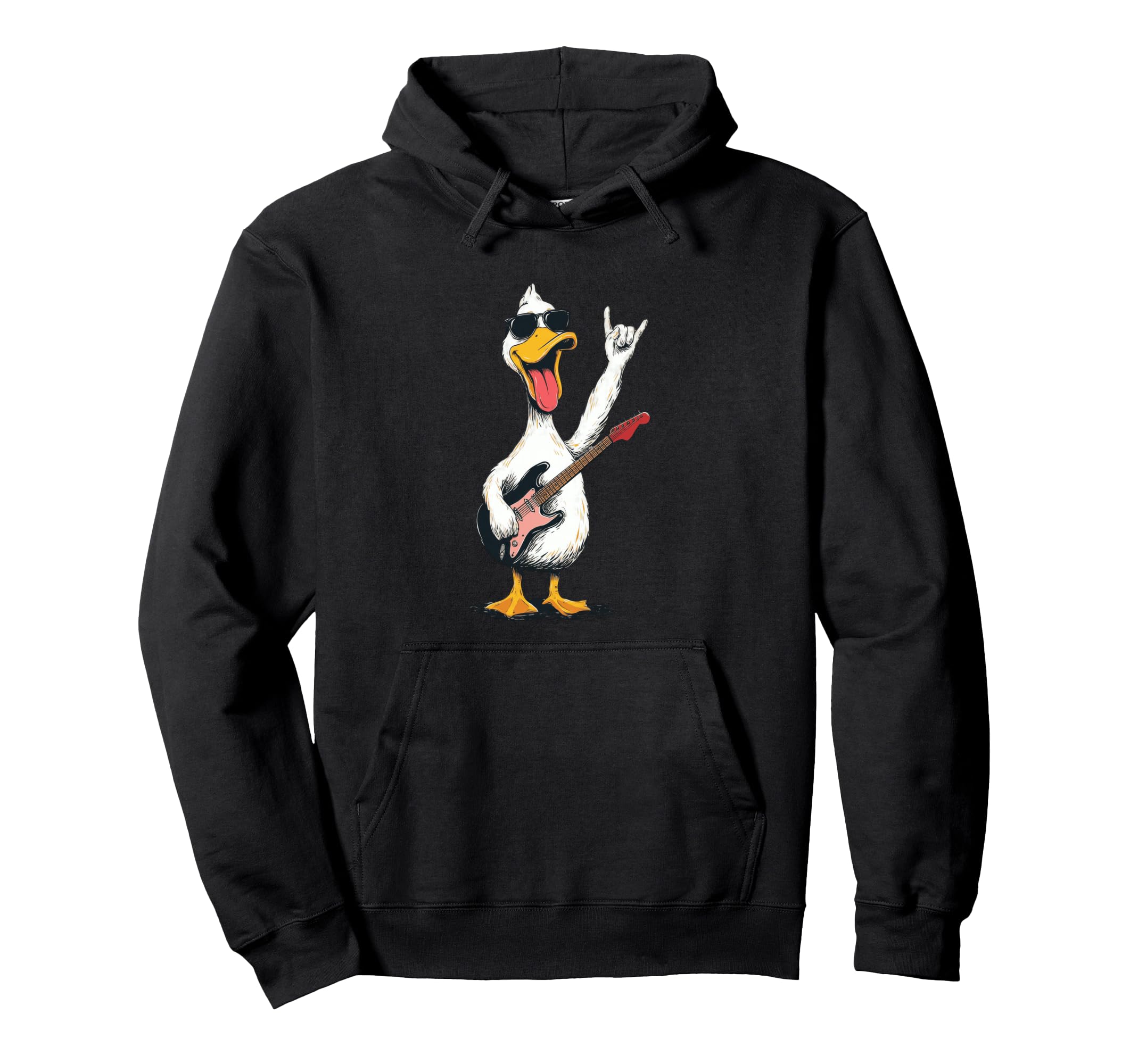 Funny Rock Duck Cartoon Guitar Player Hoodie - Fun Novelty Design Men Women - T-Shirt, Sweatshirt, Hoodie