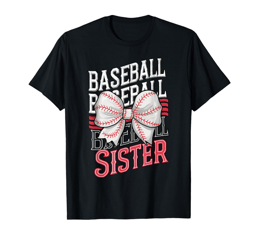 Baseball Sister Red Stitching Bow Fan T-Shirt - Trendy Graphic for Adults - T-Shirt, Sweatshirt, Hoodie