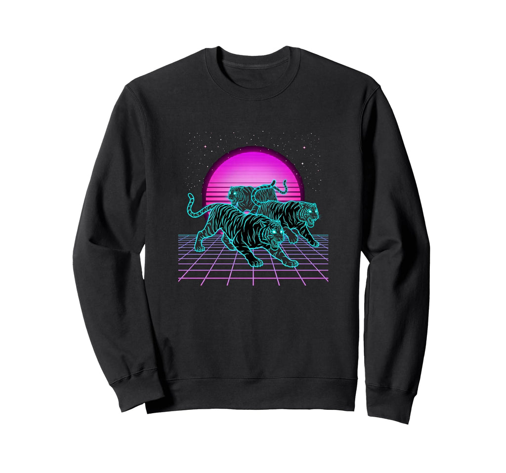Three Running Tigers Retrowave Sweatshirt - Custom Art Print for Adults - T-Shirt, Sweatshirt, Hoodie
