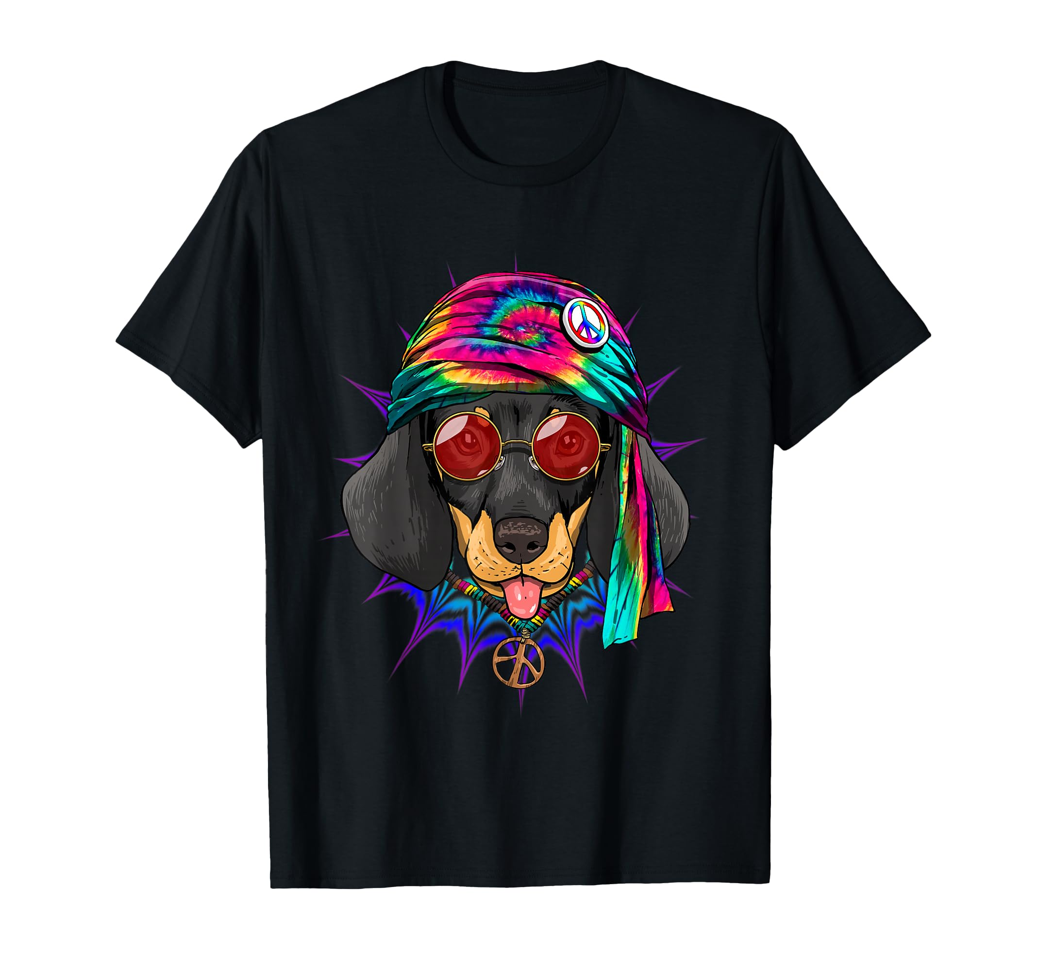 Tie Dye Hippie Dachshund Hippiness Peace T-Shirt - Unique Graphic Unisex - T-Shirt, Sweatshirt, Hoodie