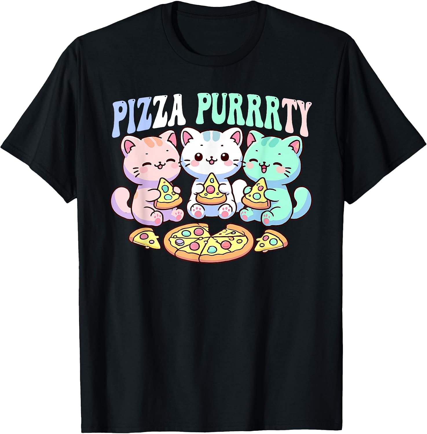 Funny pastel cat eating pizza cute kawaii party - Adult & Kids T-Shirts, Sweatshirts & Hoodies apparel design preview 1