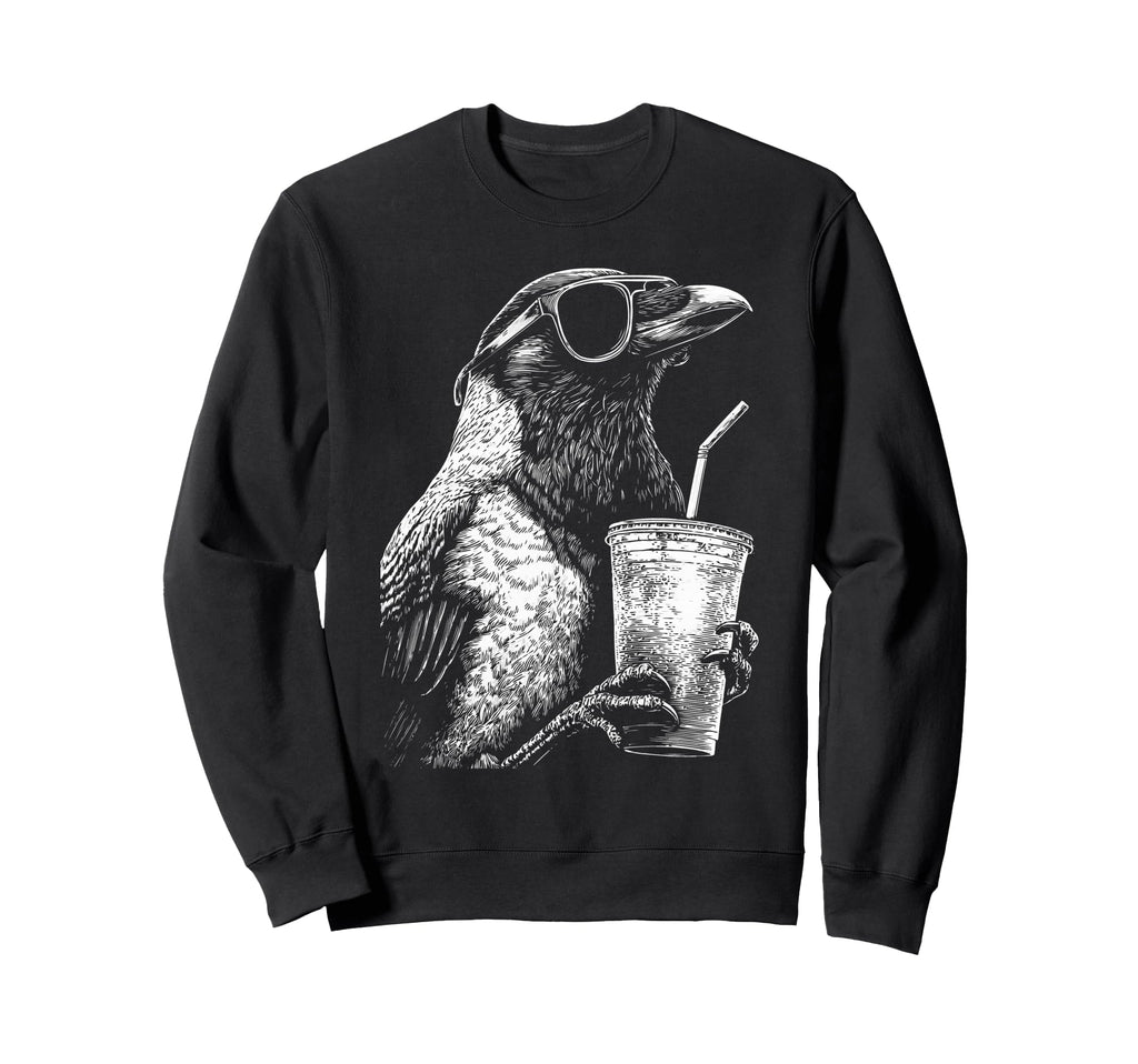 Crow Drinking Iced Coffee Funny Animal Sweatshirt - Trendy Graphic Unisex - T-Shirt, Sweatshirt, Hoodie