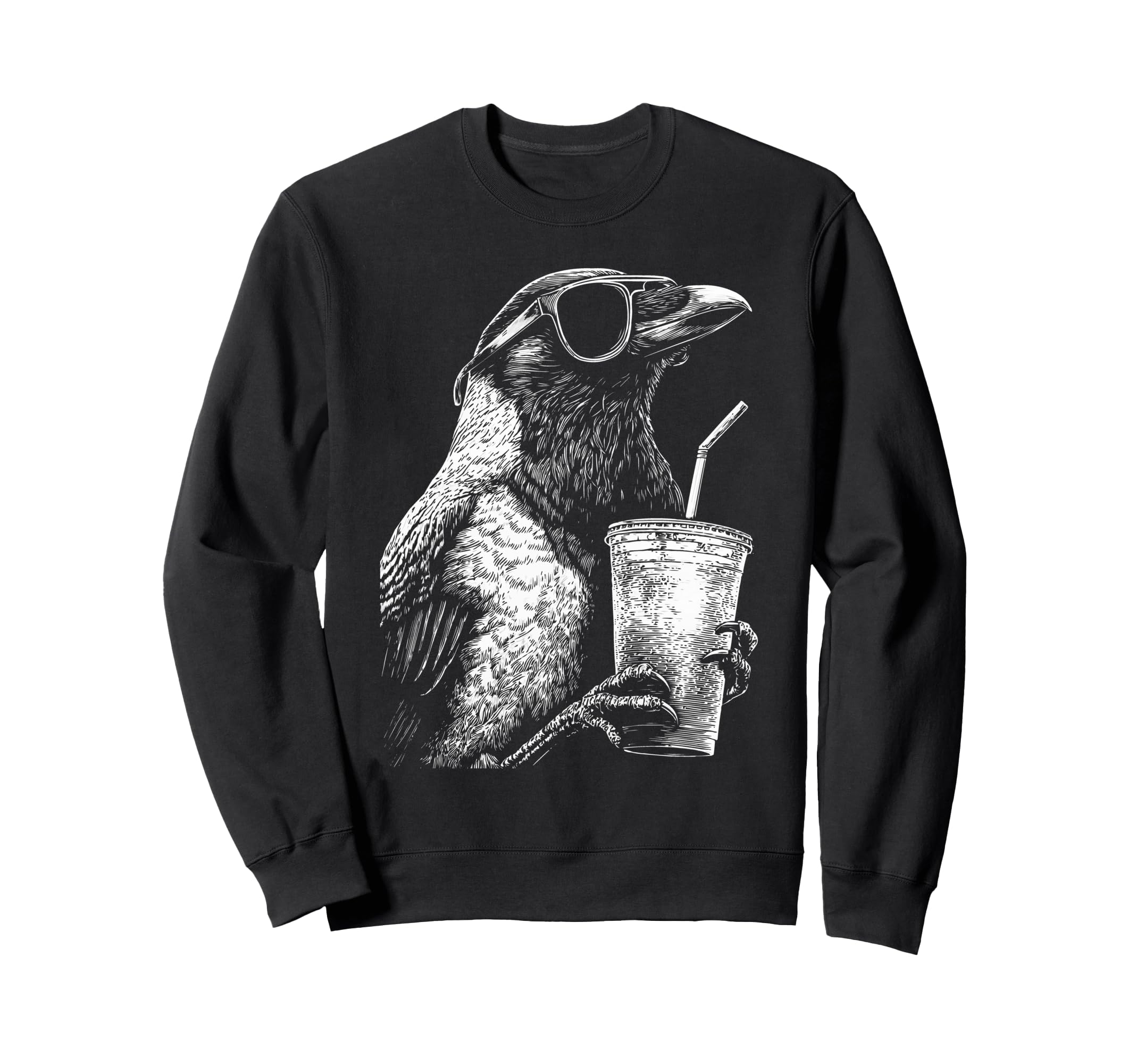 Crow Drinking Iced Coffee Funny Animal Sweatshirt - Trendy Graphic Unisex - T-Shirt, Sweatshirt, Hoodie