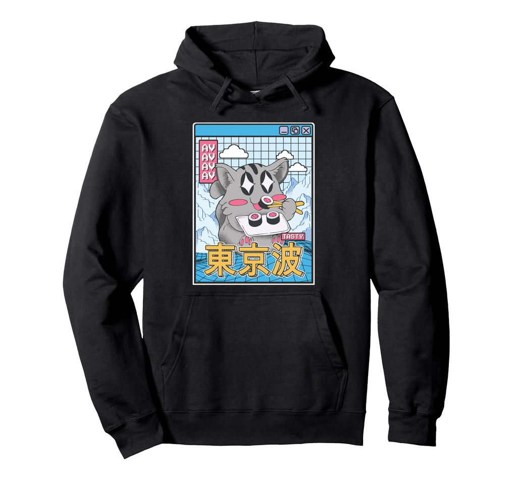 Happy Cat Eating Sushi Vaporwave Hoodie - Casual Everyday Wear Unisex - T-Shirt, Sweatshirt, Hoodie