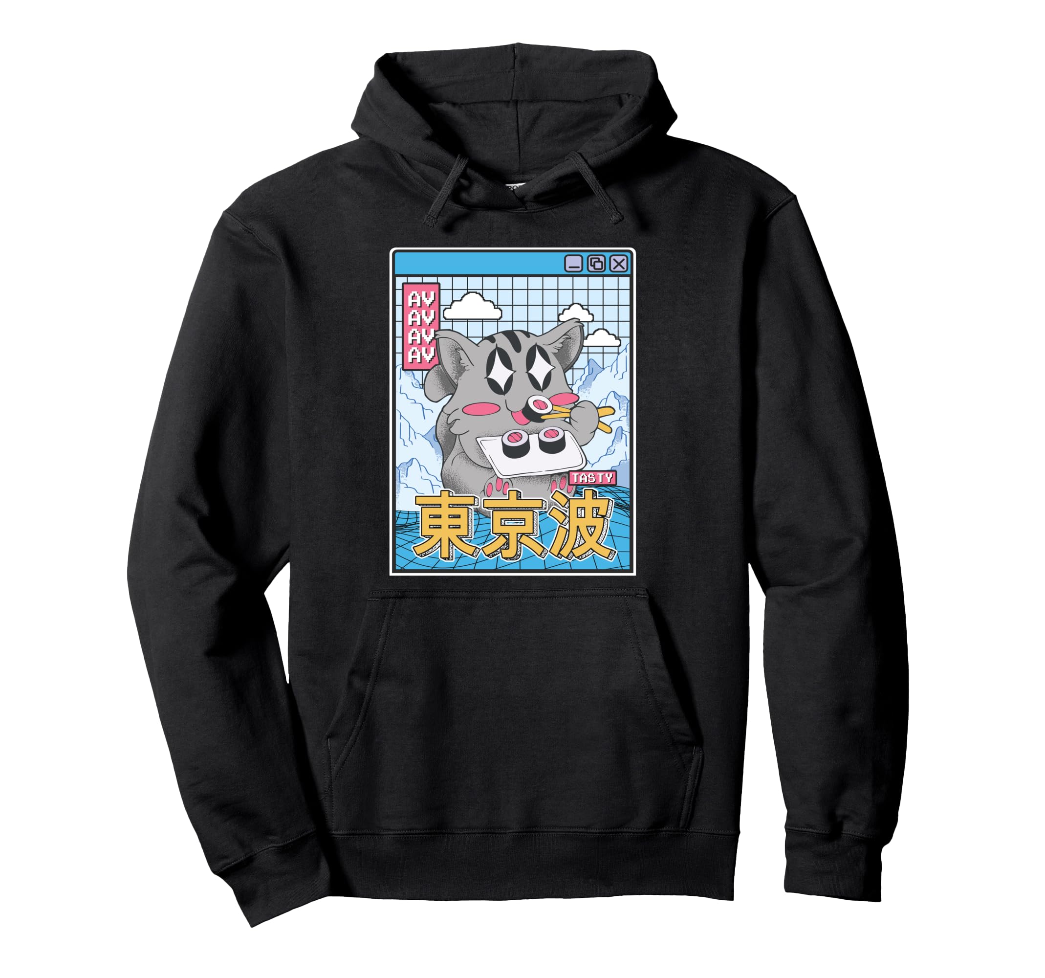 Happy Cat Eating Sushi Vaporwave Hoodie - Casual Everyday Wear Unisex - T-Shirt, Sweatshirt, Hoodie