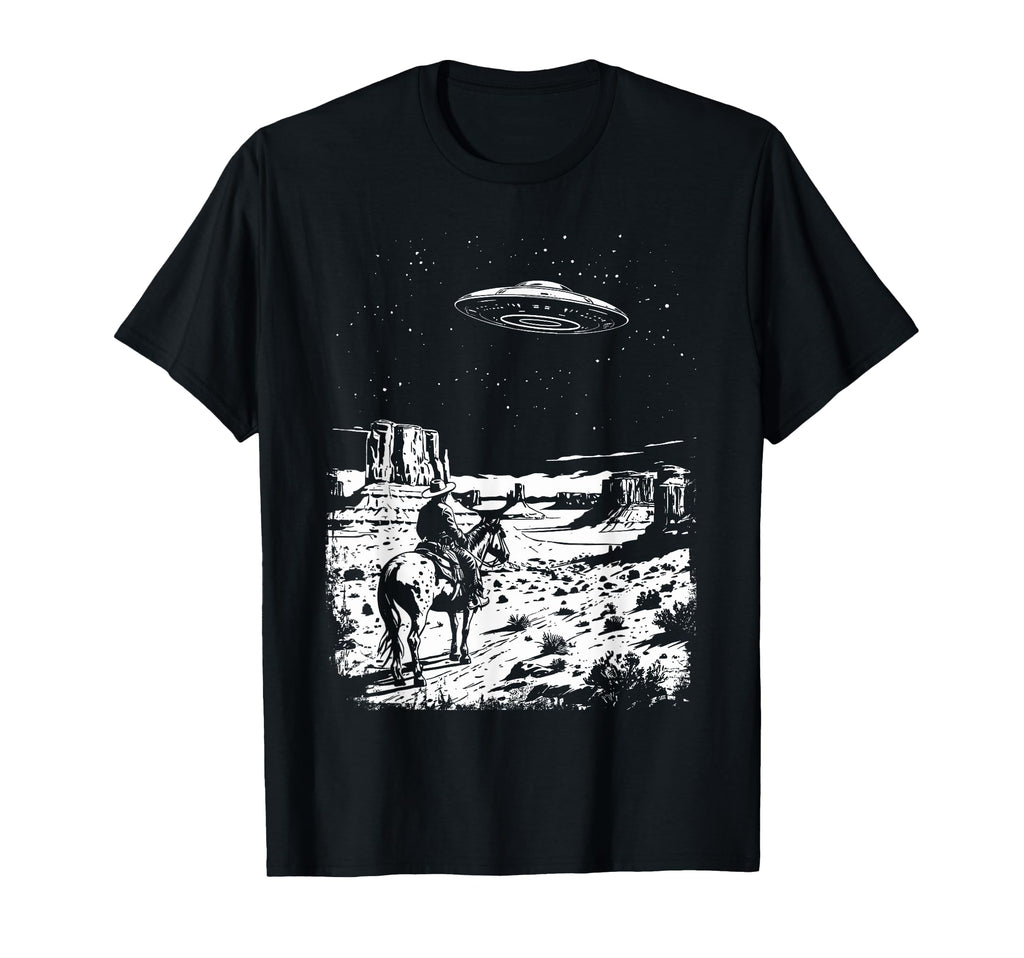 Ufo Western Cowboy Under Night Stars T-Shirt - Minimalist Print for Adults - T-Shirt, Sweatshirt, Hoodie