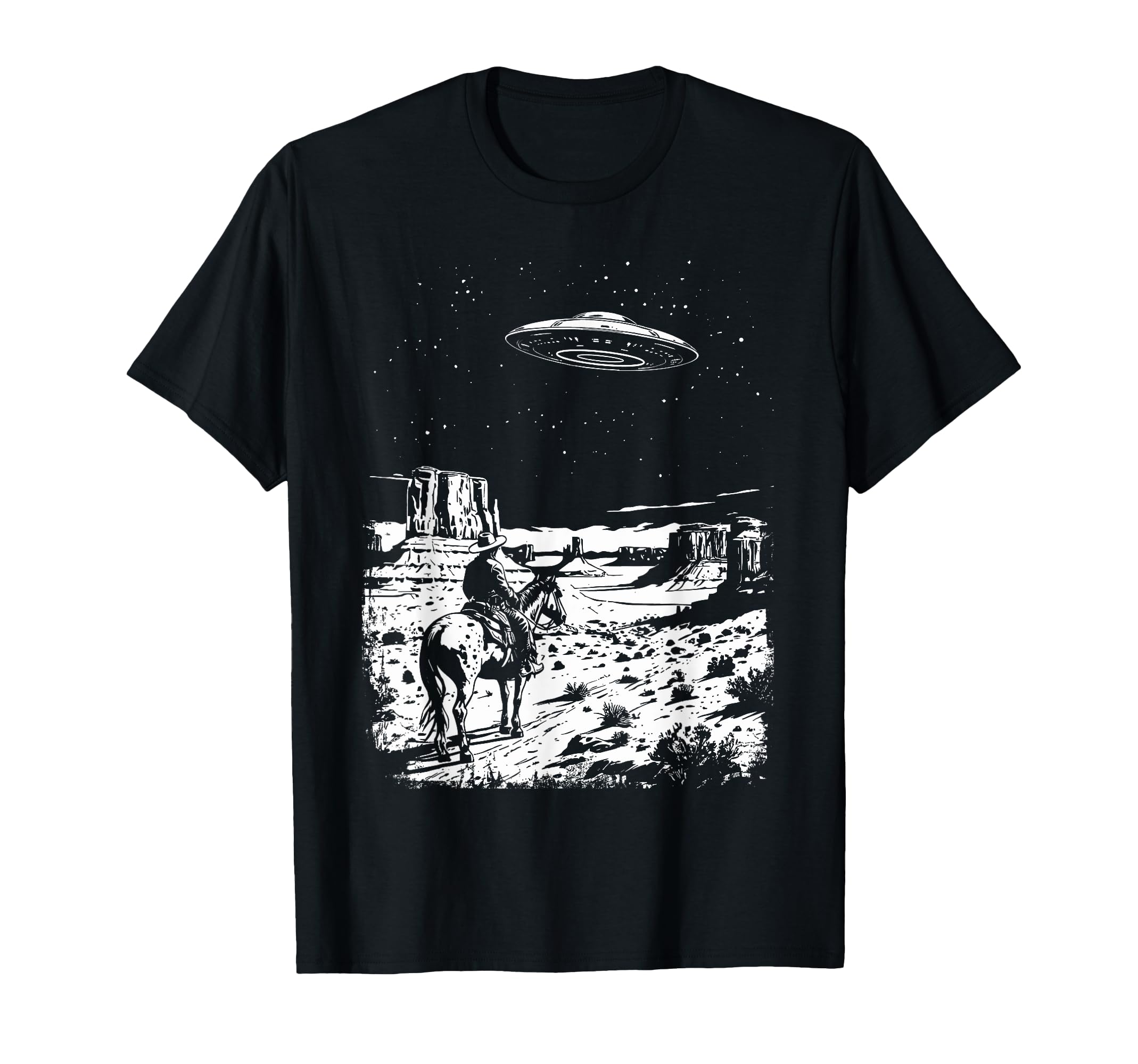 Ufo Western Cowboy Under Night Stars T-Shirt - Minimalist Print for Adults - T-Shirt, Sweatshirt, Hoodie