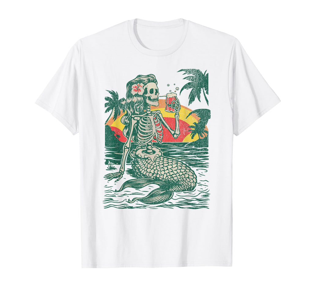 Skeleton Mermaid Drinking Sunset T-Shirt - Casual Everyday Wear Men Women - T-Shirt, Sweatshirt, Hoodie