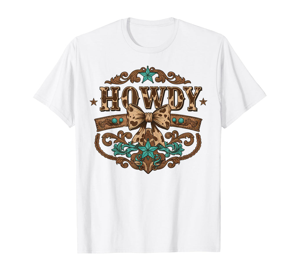 Turquoise Cowhide Howdy Cowgirl Bow T-Shirt - Unique Graphic for Adults - T-Shirt, Sweatshirt, Hoodie