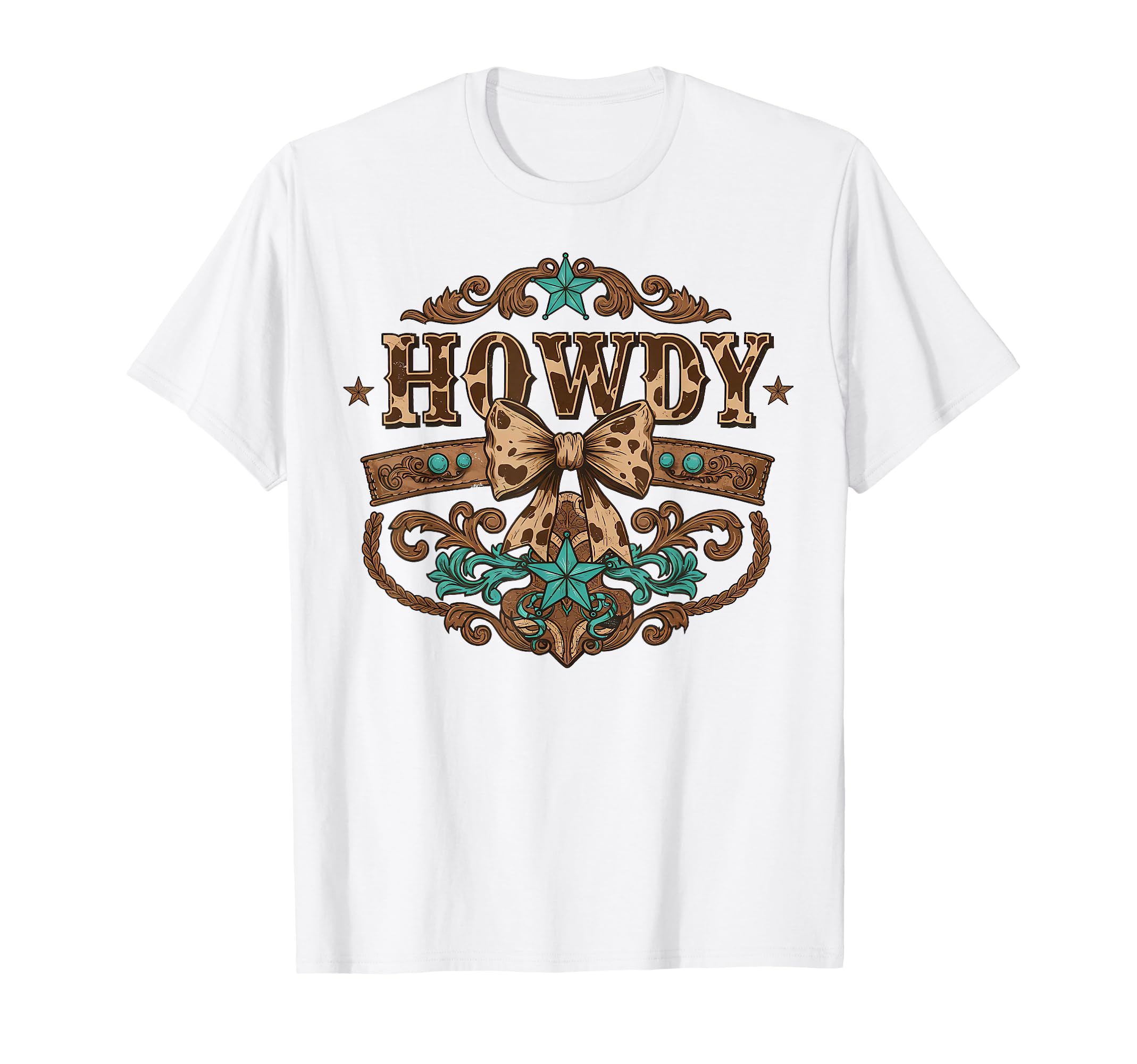 Turquoise Cowhide Howdy Cowgirl Bow T-Shirt - Unique Graphic for Adults - T-Shirt, Sweatshirt, Hoodie