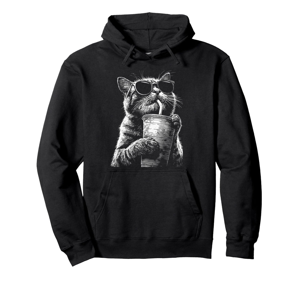 Tabby Cat Drinking Iced Coffee Funny Hoodie - Custom Art Print for Adults - T-Shirt, Sweatshirt, Hoodie