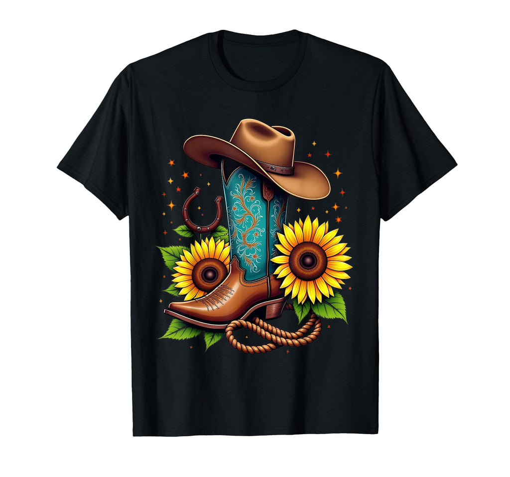 Western Cowboy Boot Sunflower T-Shirt - Novelty Apparel for Adults - T-Shirt, Sweatshirt, Hoodie