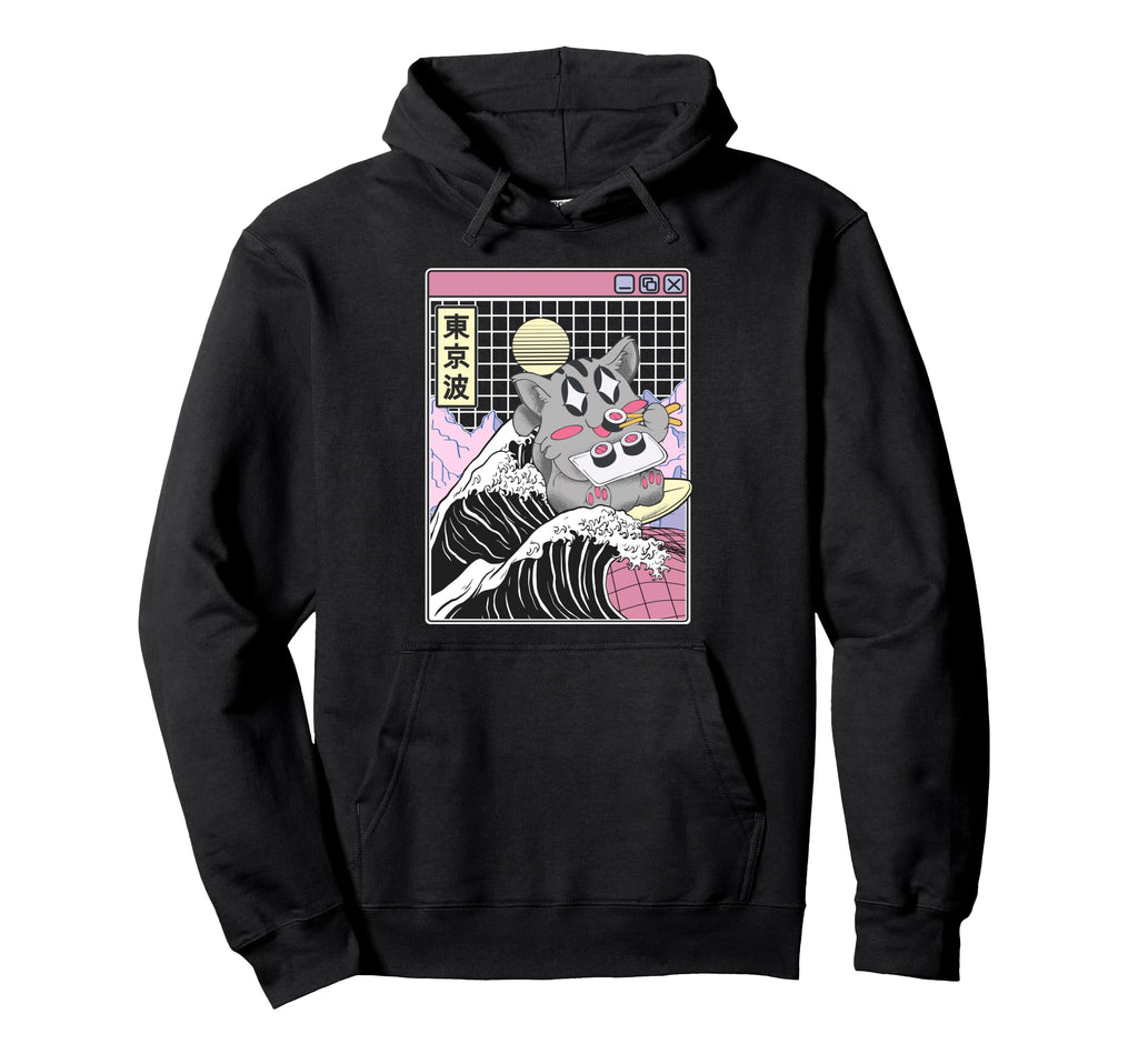 Cat Eating Sushi Surfing Kanagawa Wave Hoodie - Fun Novelty Design Unisex - T-Shirt, Sweatshirt, Hoodie