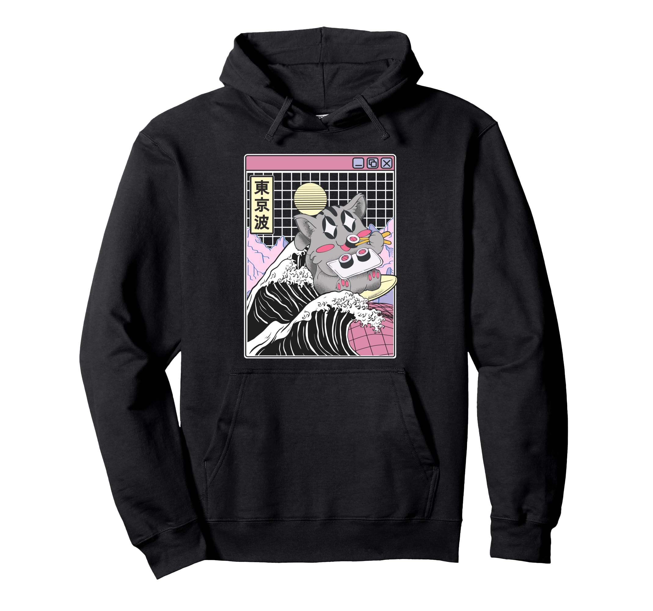 Cat Eating Sushi Surfing Kanagawa Wave Hoodie - Fun Novelty Design Unisex - T-Shirt, Sweatshirt, Hoodie