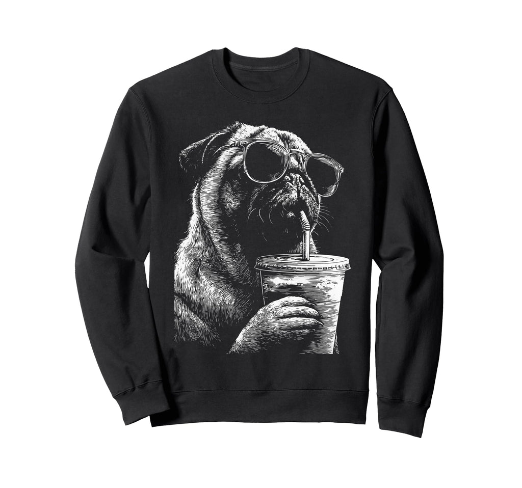 Pug Drinking Iced Coffee Funny Dog Sweatshirt - Custom Art Print Men Women - T-Shirt, Sweatshirt, Hoodie