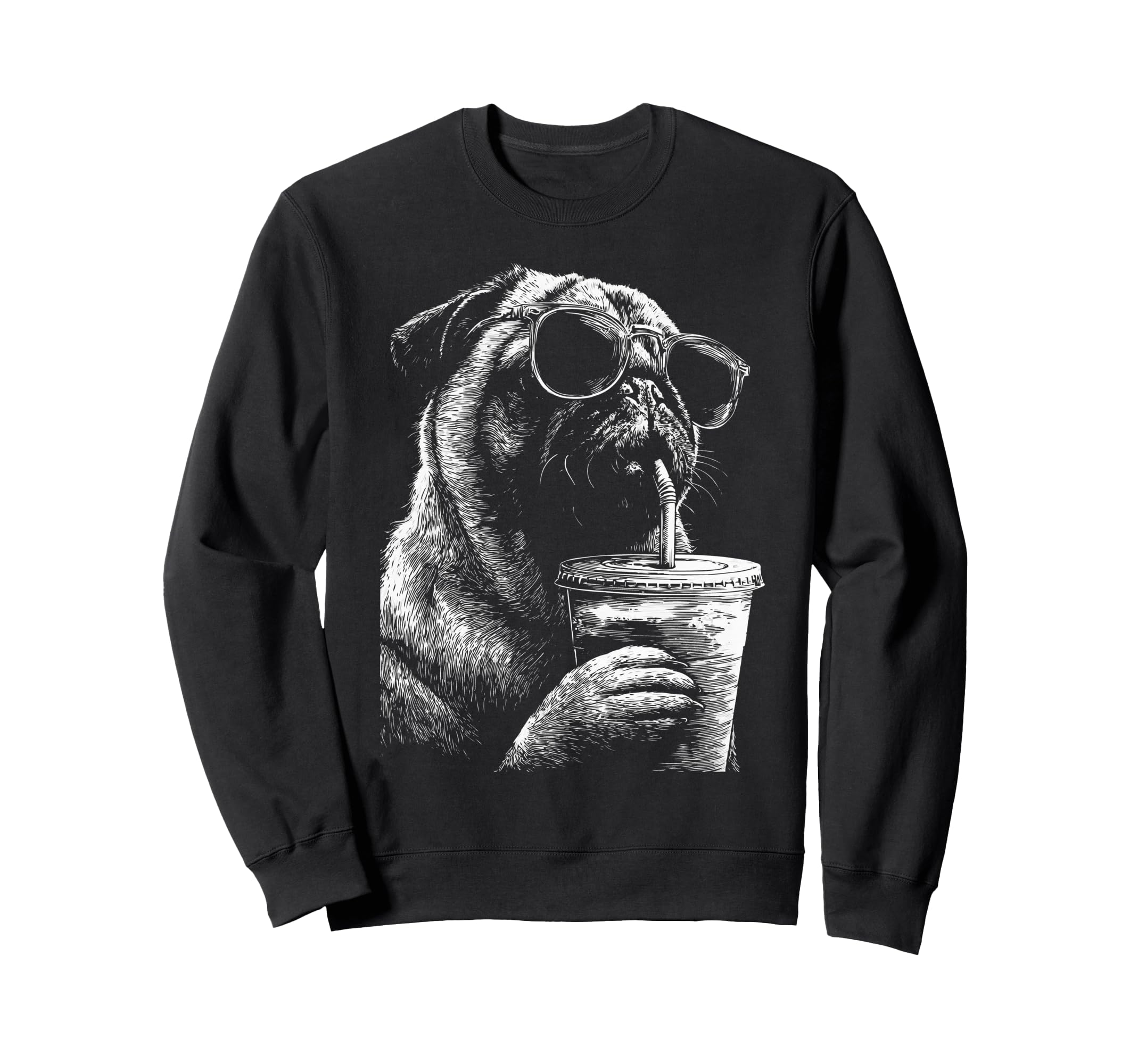 Pug Drinking Iced Coffee Funny Dog Sweatshirt - Custom Art Print Men Women - T-Shirt, Sweatshirt, Hoodie
