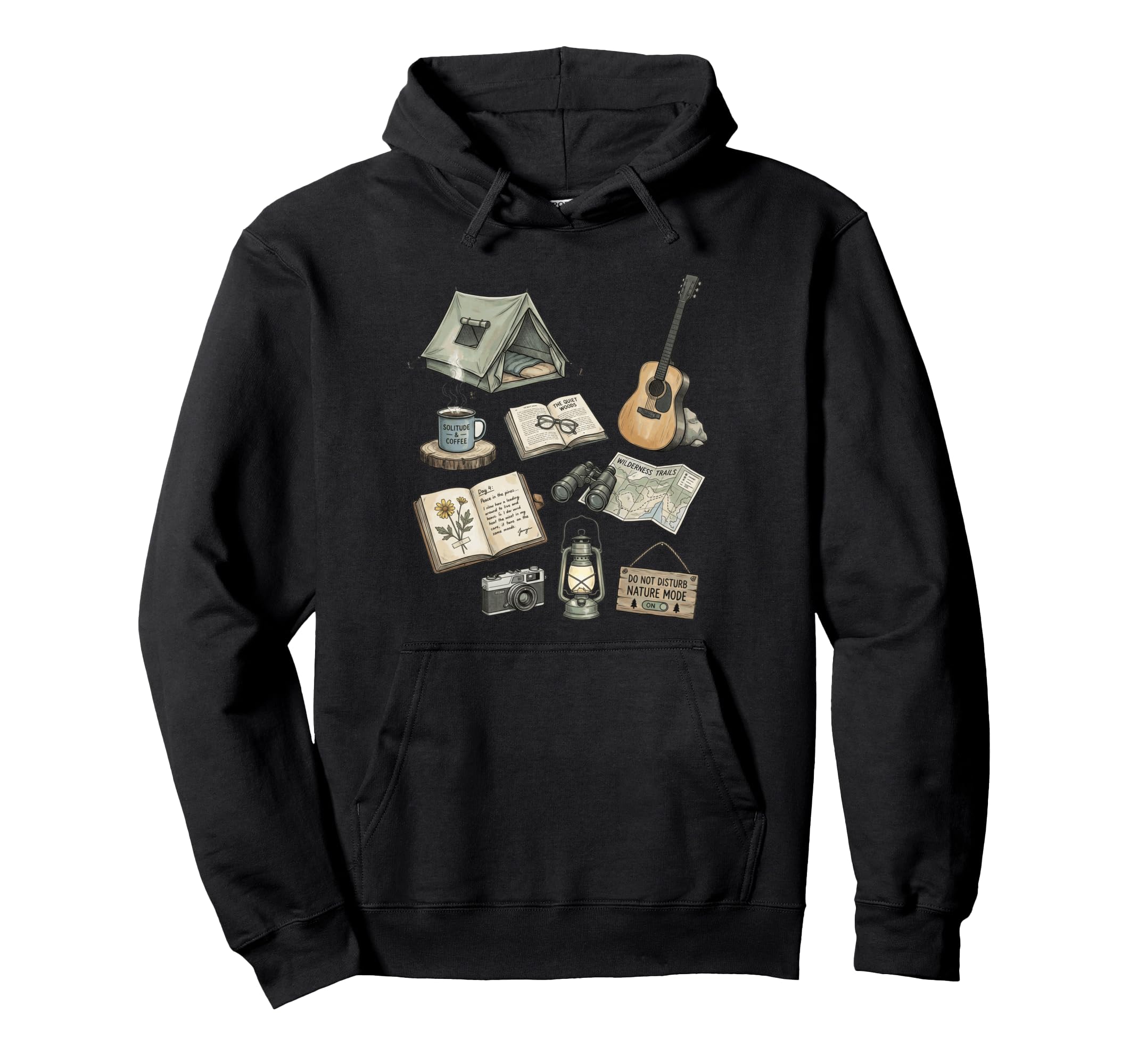 Solo Nature Camping Journal Forest Icons Hoodie - Unique Graphic Men Women - T-Shirt, Sweatshirt, Hoodie