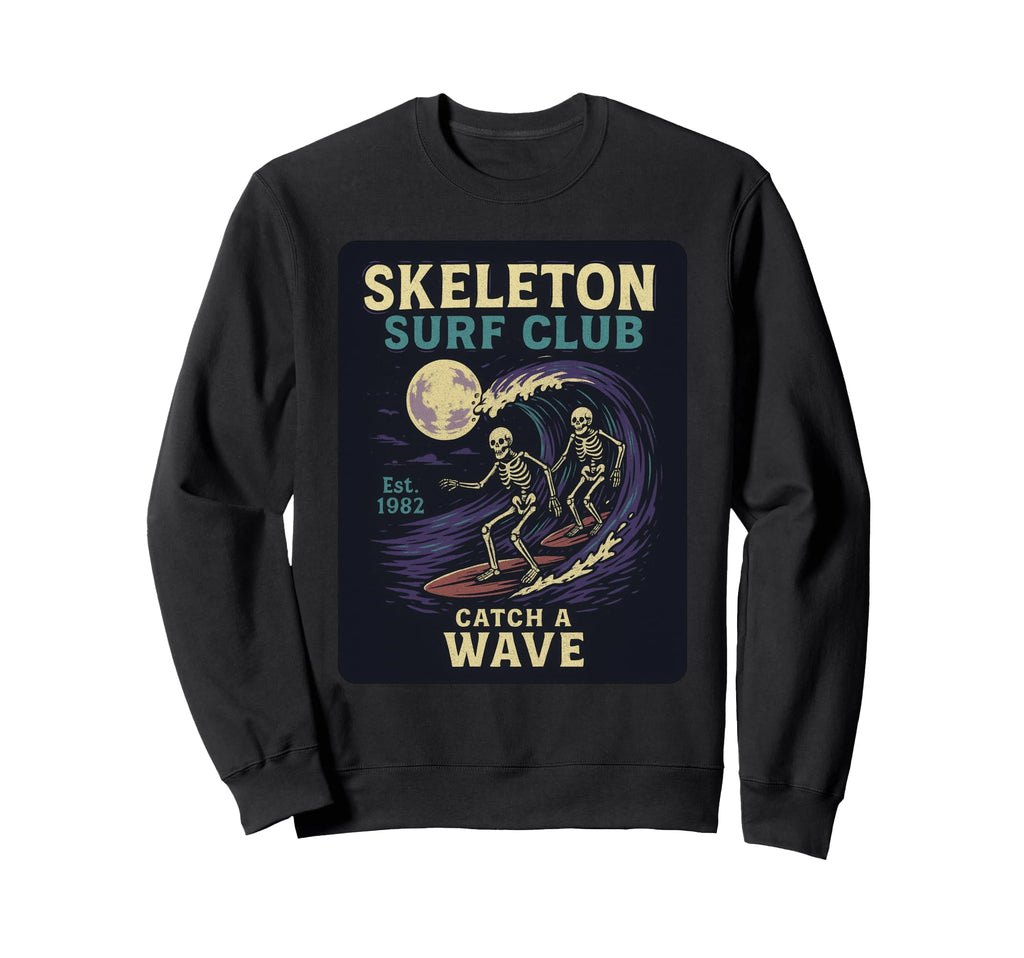 Skeleton Surf Club Halloween Sweatshirt - Casual Everyday Wear Men Women - T-Shirt, Sweatshirt, Hoodie