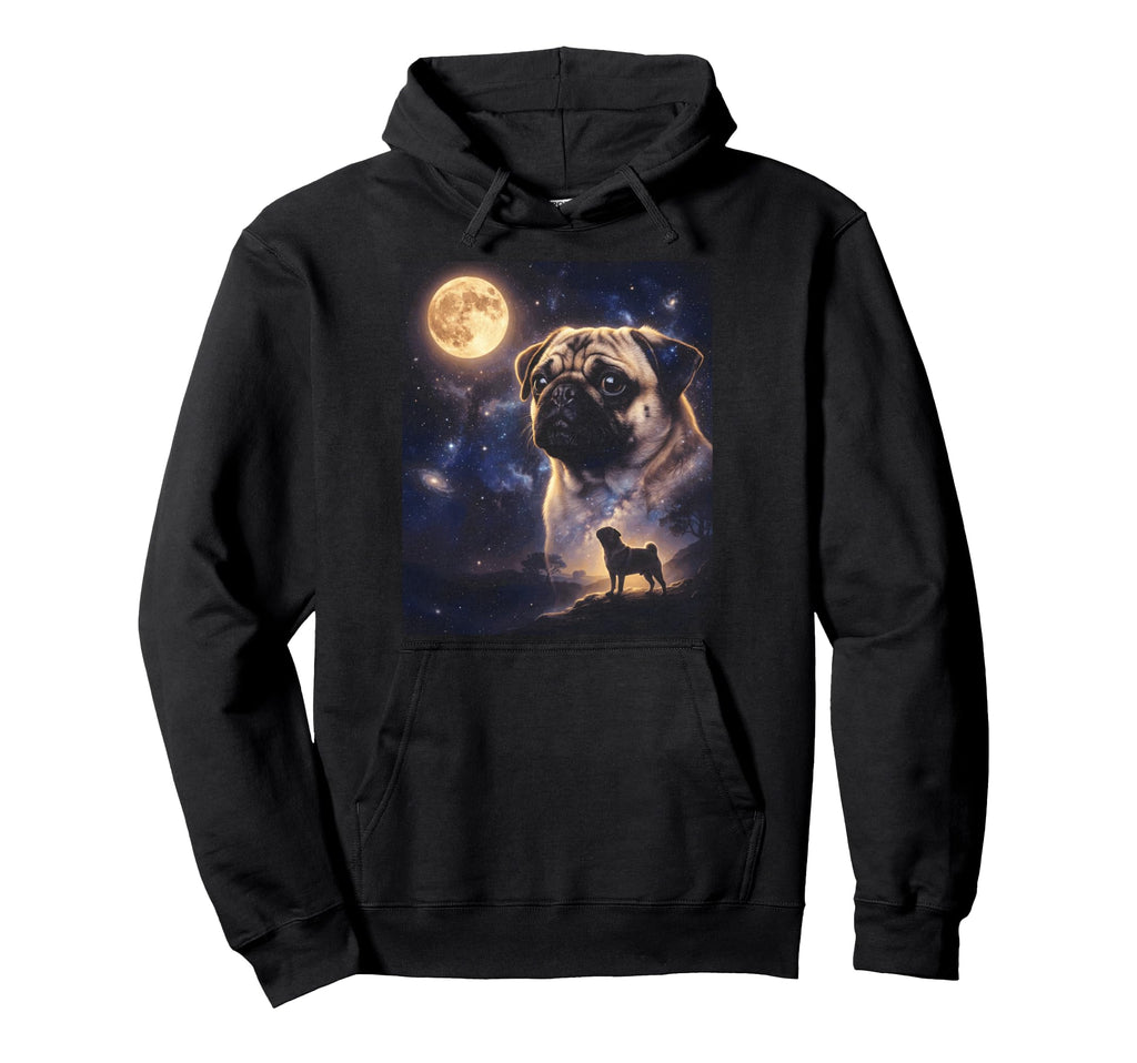 Celestial Pug Full Moon Howling Hoodie - Aesthetic Graphic for Adults - T-Shirt, Sweatshirt, Hoodie