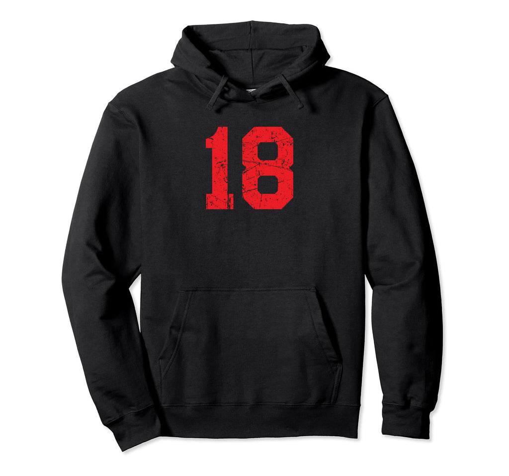 Number 18 Red Distressed Favorite Number Hoodie - Unique Graphic for Adults - T-Shirt, Sweatshirt, Hoodie