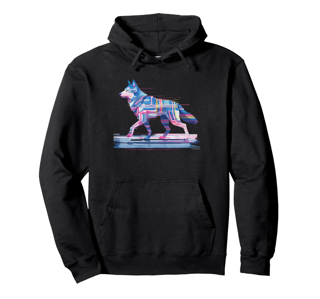 Cyber Wolf Glitch Vaporwave Techno Spirit Hoodie - Streetwear Style Unisex - T-Shirt, Sweatshirt, Hoodie