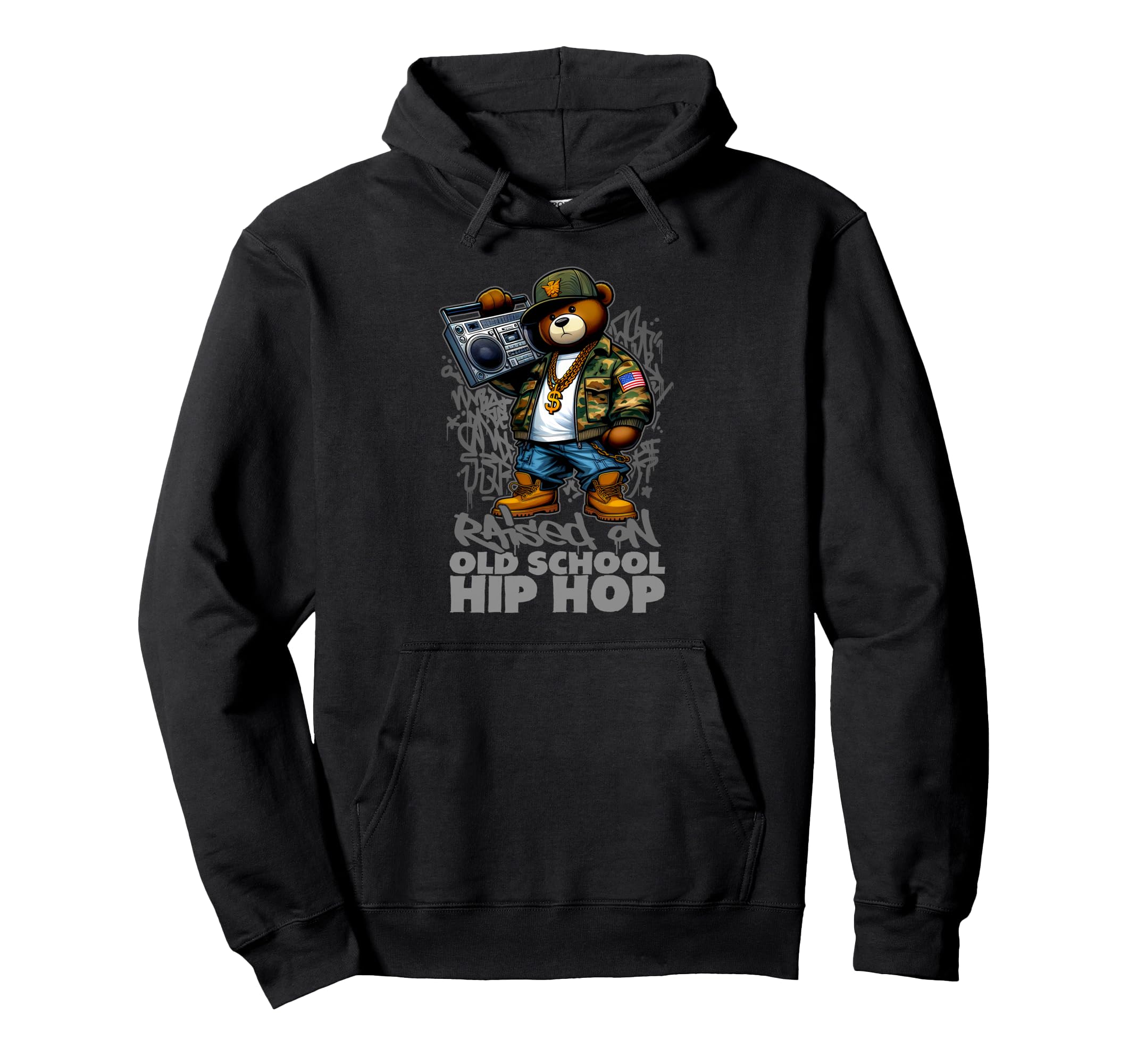 Raised Old School Hip Hop Teddy Bear 80S 90S Hoodie - Graphic Print Unisex - T-Shirt, Sweatshirt, Hoodie