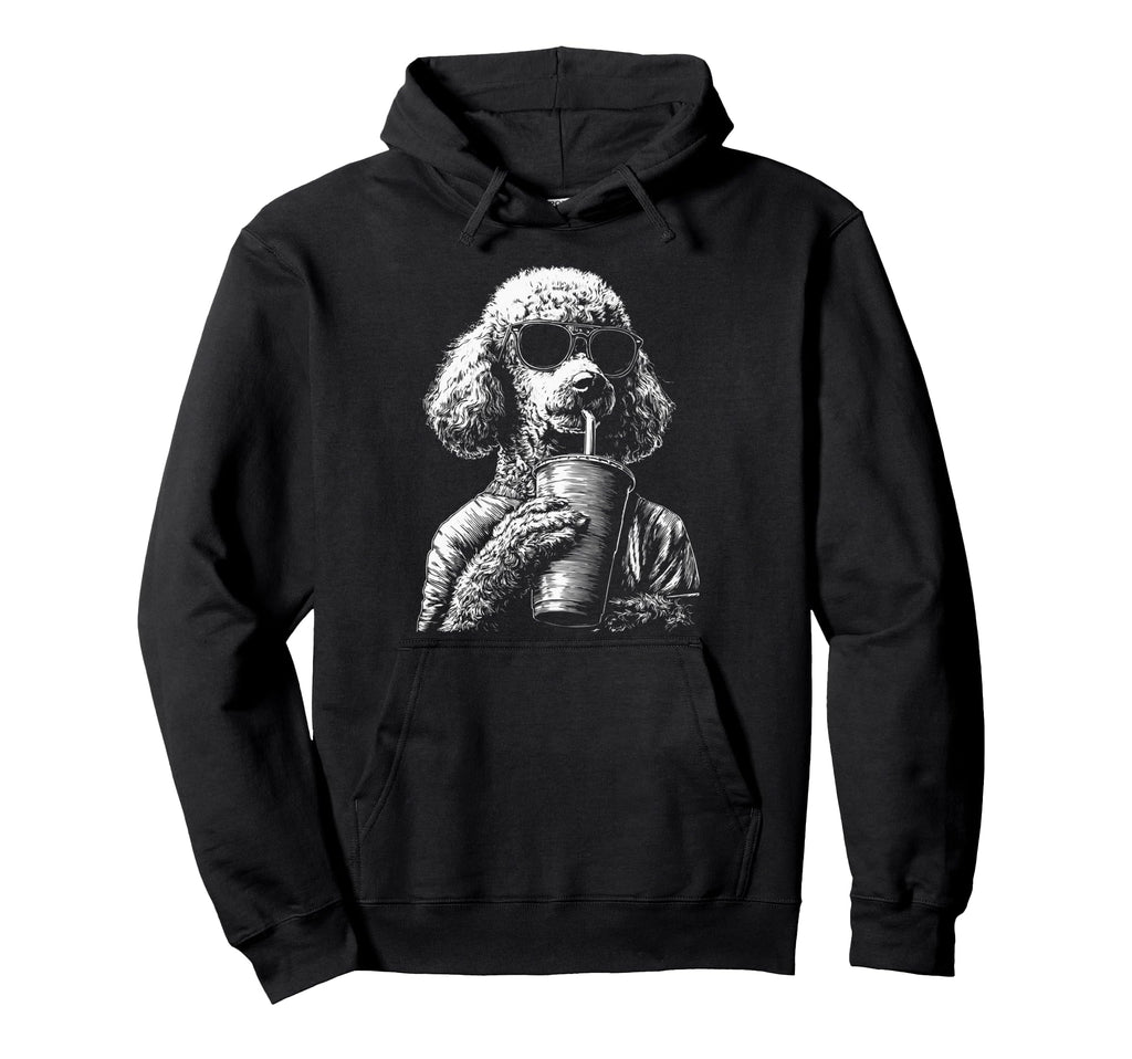 Poodle Drinking Iced Coffee Funny Dog Hoodie - Novelty Apparel for Adults - T-Shirt, Sweatshirt, Hoodie