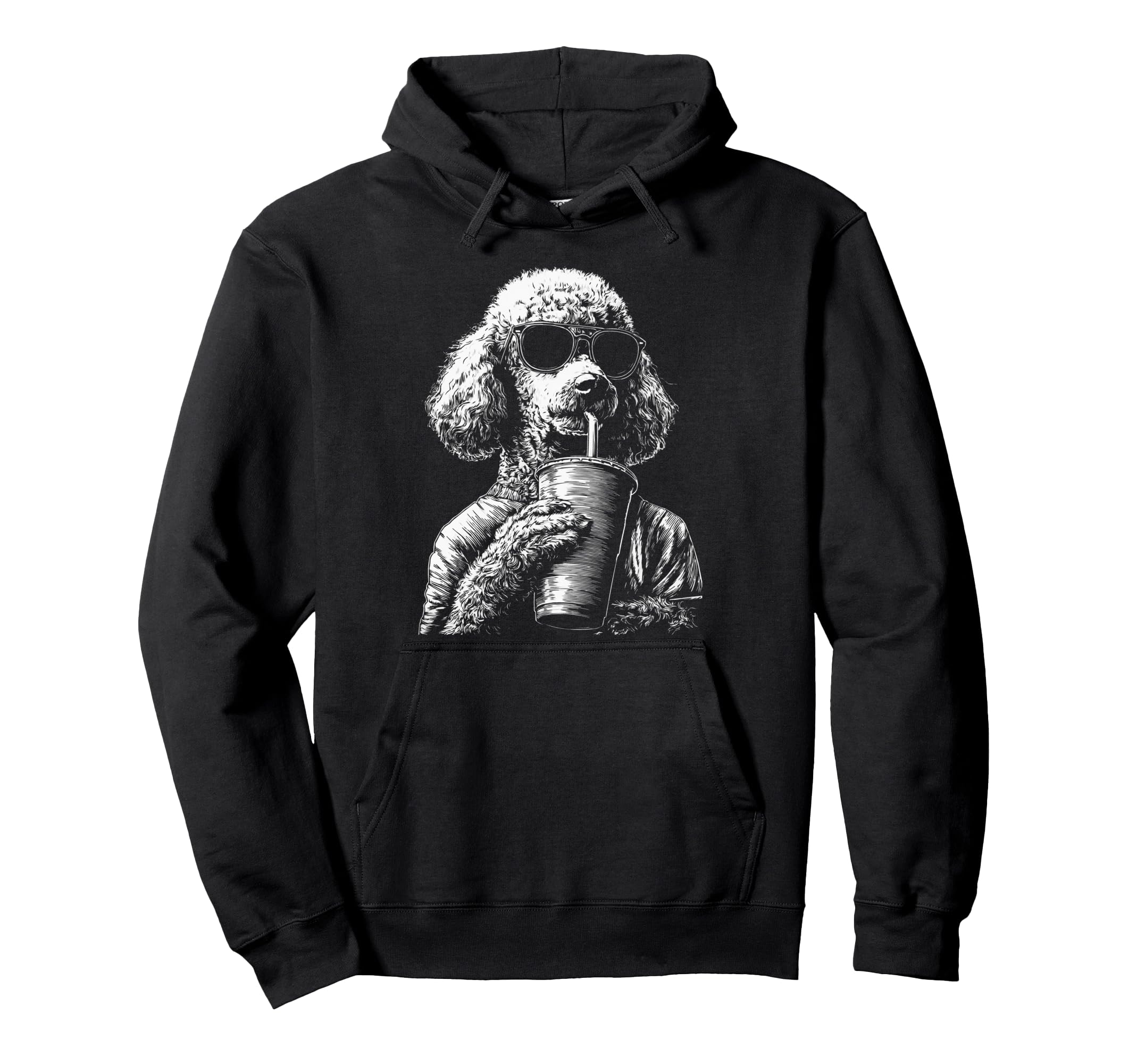 Poodle Drinking Iced Coffee Funny Dog Hoodie - Novelty Apparel for Adults - T-Shirt, Sweatshirt, Hoodie