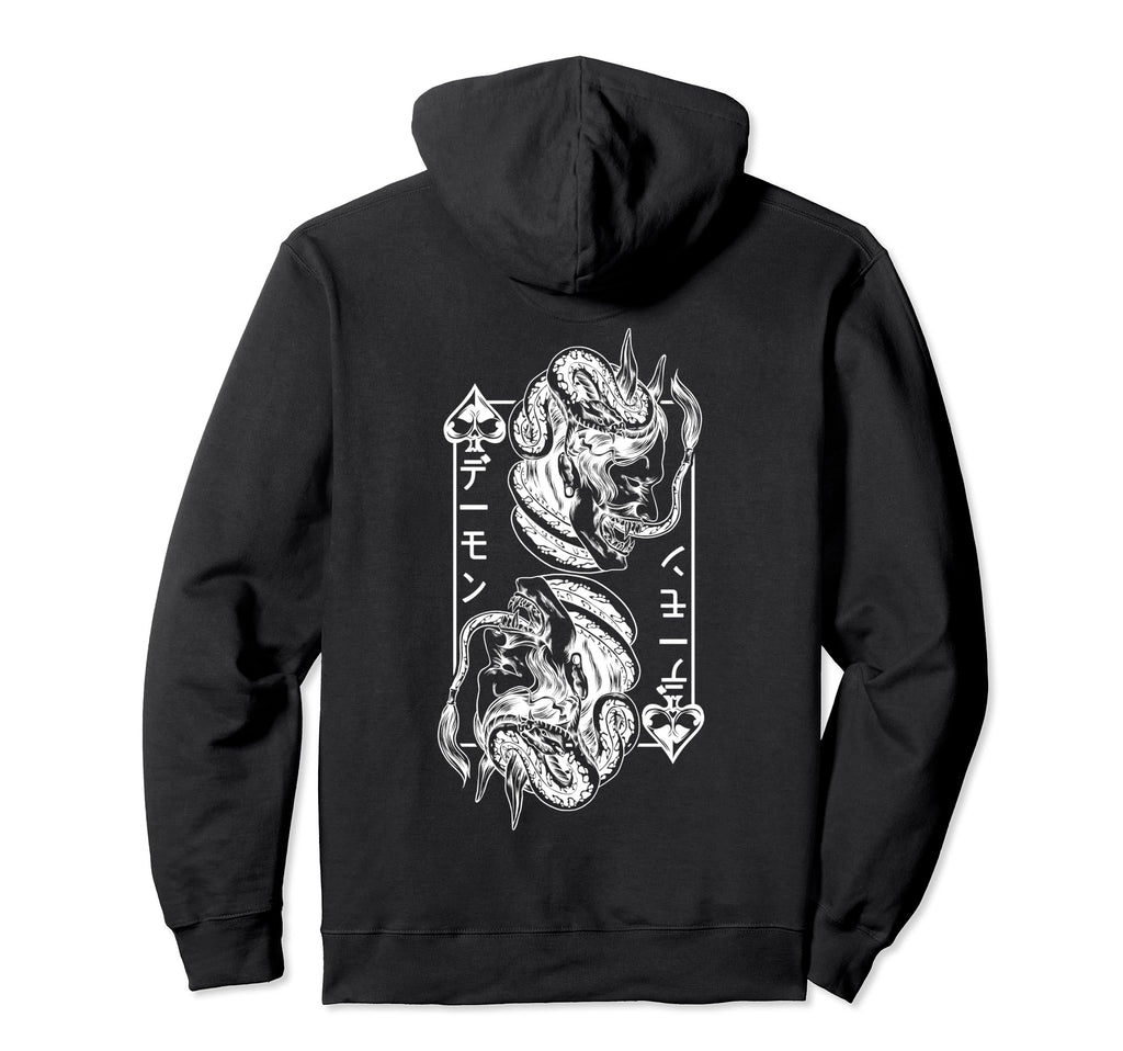 Backprint Japanese Oni Mask Demon Mask Hoodie - Minimalist Print Unisex - T-Shirt, Sweatshirt, Hoodie