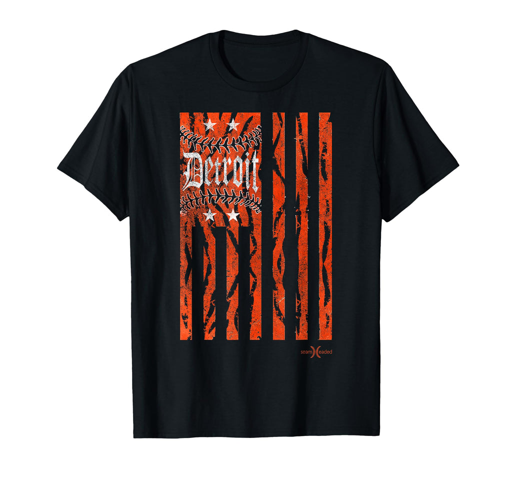 Detroit Baseball Flag Tiger Stripes T-Shirt - Graphic Print Unisex - T-Shirt, Sweatshirt, Hoodie