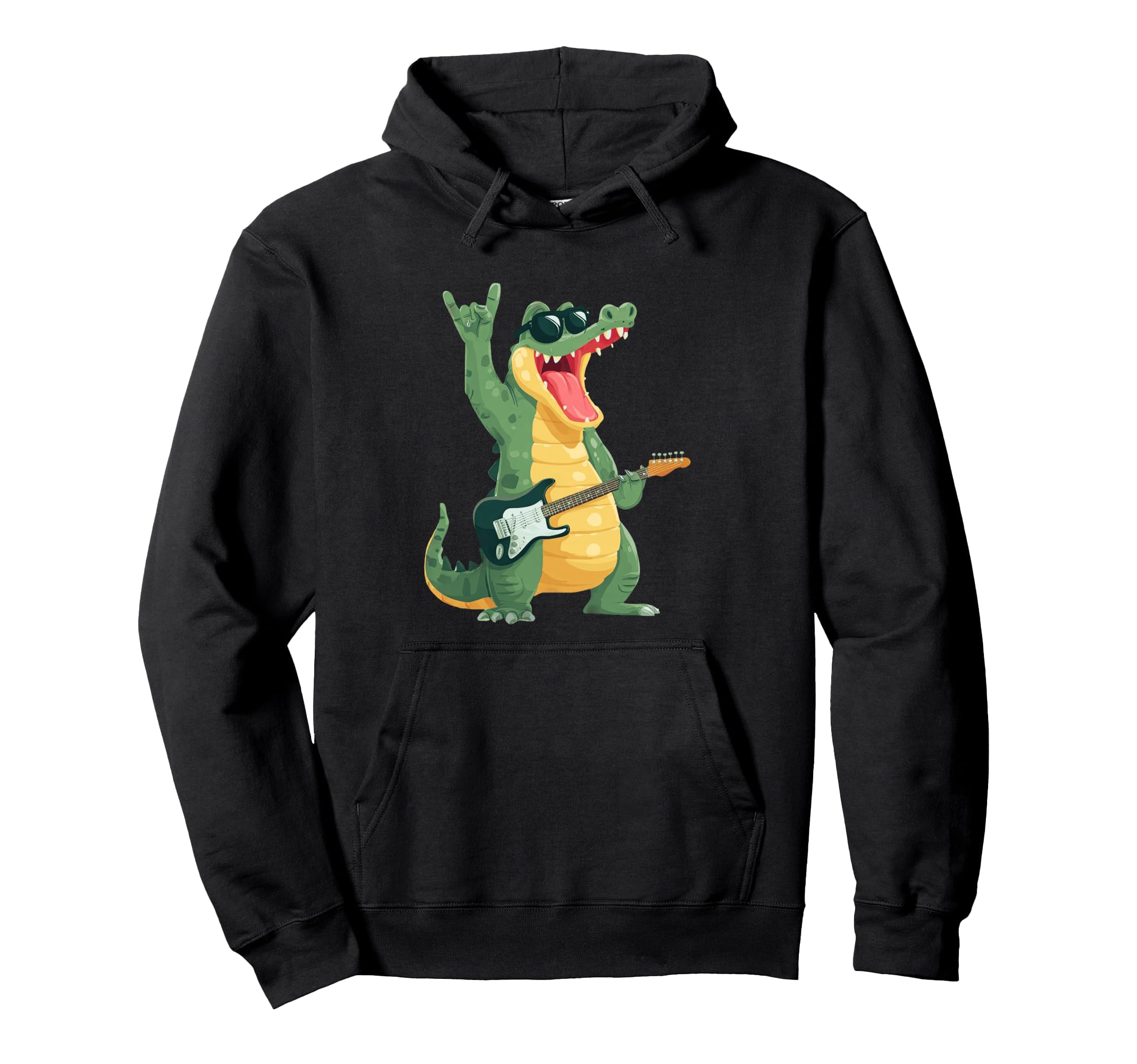 Funny Alligator Cartoon Guitar Player Hoodie - Trendy Graphic Men Women - T-Shirt, Sweatshirt, Hoodie