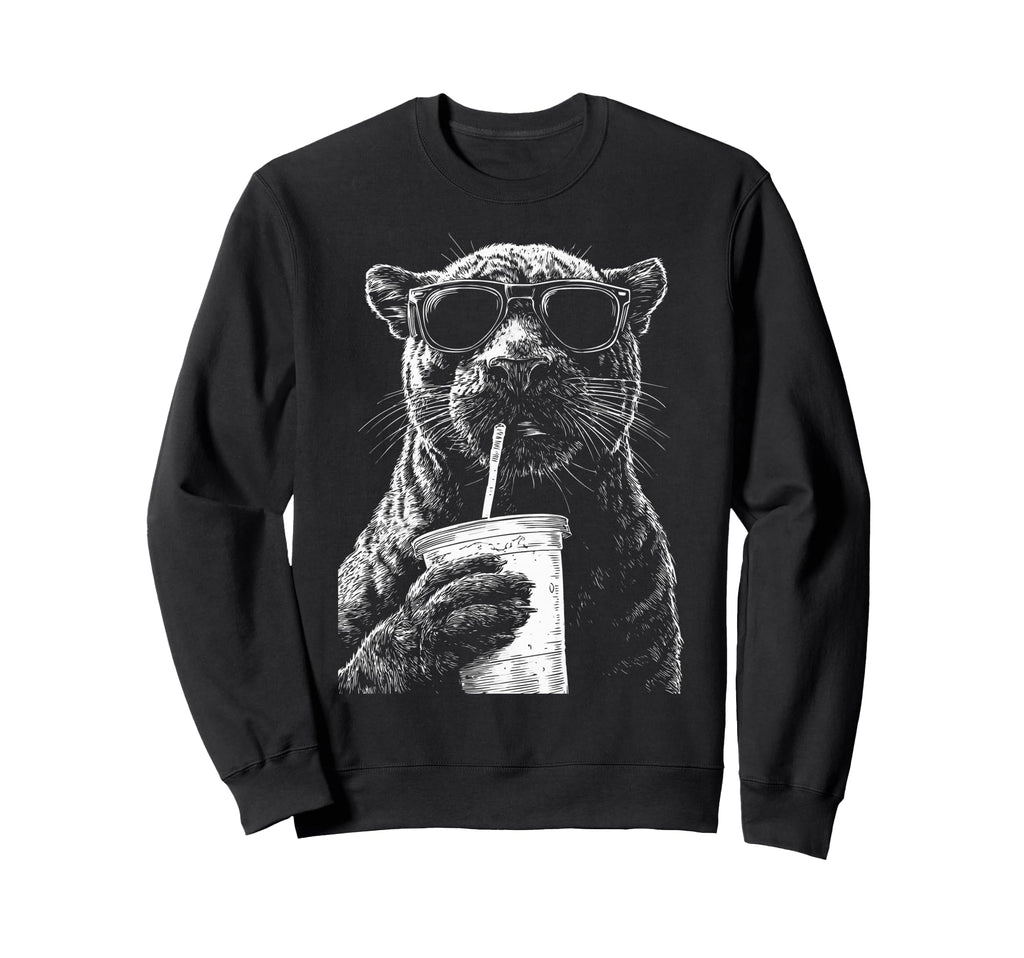 Panther Drinking Iced Coffee Funny Sweatshirt - Aesthetic Graphic Unisex - T-Shirt, Sweatshirt, Hoodie