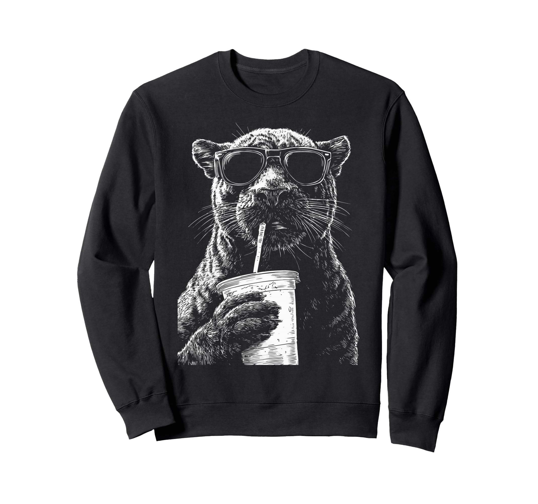 Panther Drinking Iced Coffee Funny Sweatshirt - Aesthetic Graphic Unisex - T-Shirt, Sweatshirt, Hoodie