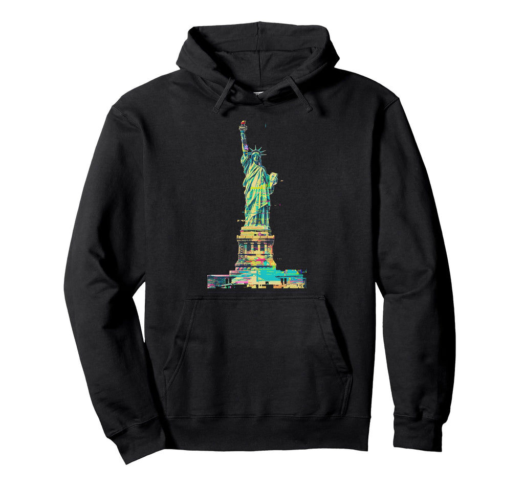 Glitch Art Statue Liberty Cyan Magenta Hoodie - Unique Graphic Men Women - T-Shirt, Sweatshirt, Hoodie