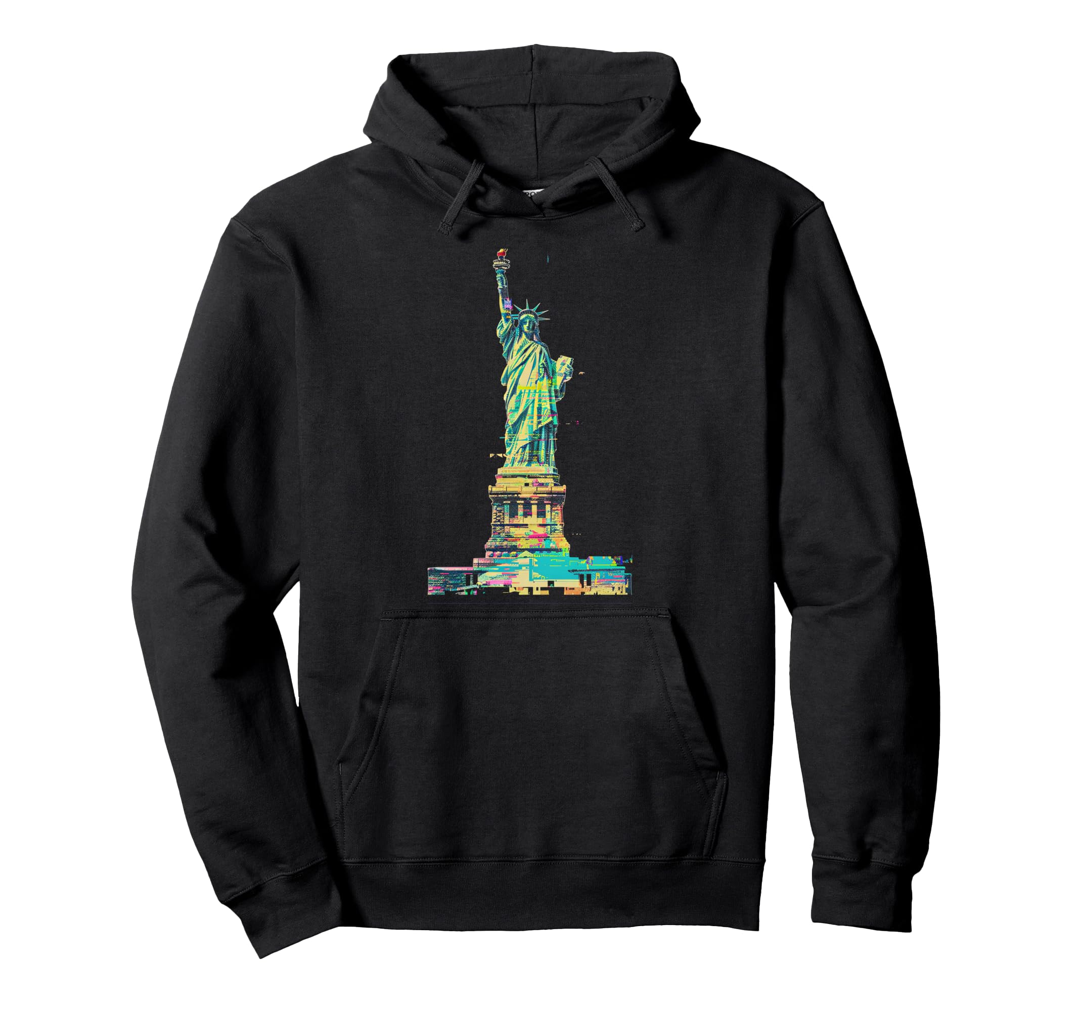 Glitch Art Statue Liberty Cyan Magenta Hoodie - Unique Graphic Men Women - T-Shirt, Sweatshirt, Hoodie