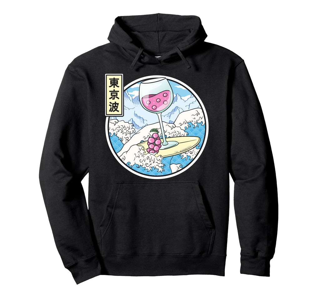Surfing Wine Glass Japan Waves Kawaii Hoodie - Novelty Apparel Unisex - T-Shirt, Sweatshirt, Hoodie