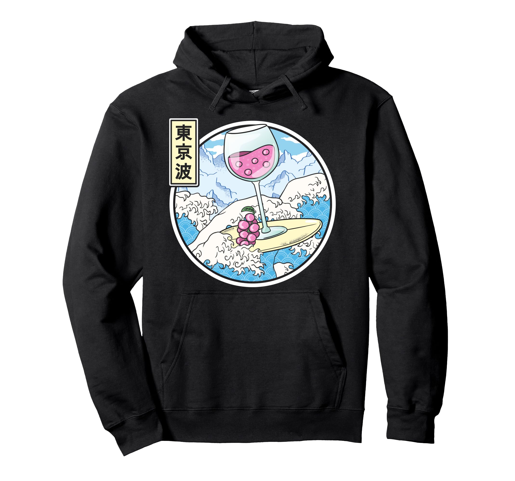 Surfing Wine Glass Japan Waves Kawaii Hoodie - Novelty Apparel Unisex - T-Shirt, Sweatshirt, Hoodie