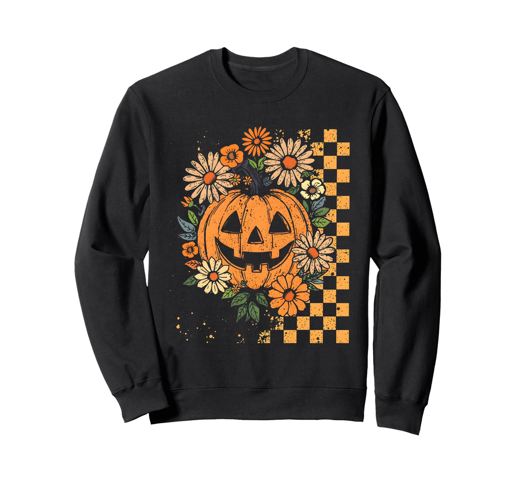 Floral Checkered Boho Pumpkin Sweatshirt - Fun Novelty Design Men Women - T-Shirt, Sweatshirt, Hoodie